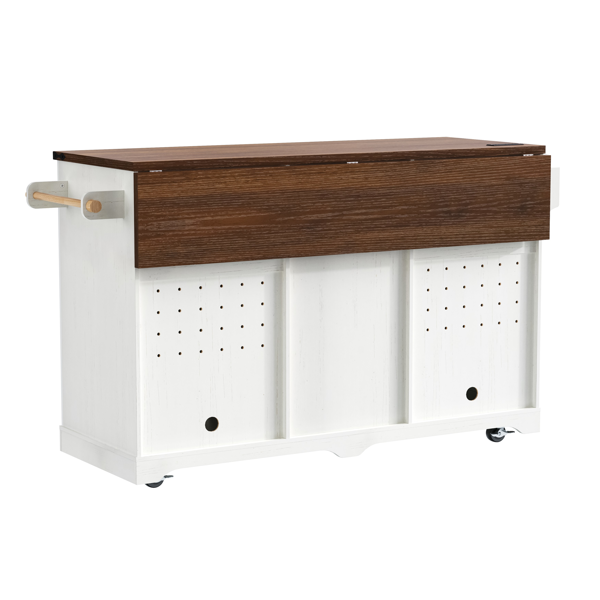 K&K 72" Farmhouse Kitchen Island with Fridge Storage Space & Power Outlet, Rolling Coffee Bar Cabinet on Wheels with 4 Drawers, Sliding Barn Door, Glass Holder, Drop Leaf, Island Kitchen Table, White-40