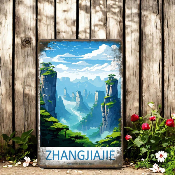 CIFbuy 1个张家界复古金属铁皮招牌，复古中国旅行风景图案 8x12（TikTok, temu 自提物流）-4