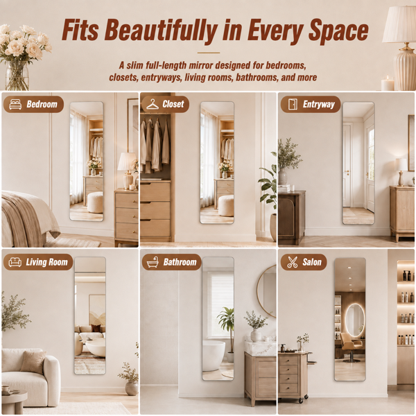 60" x 15" Full Length Wall Mirror, Frameless Rounded Rectangle Body Mirror with Shatter-Resistant Backing, 3 Installation Options, HD Silver Glass Mirror for Bedroom, Closet, Entryway & Salon-8