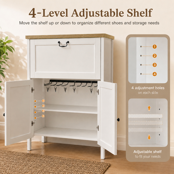 Shoe Cabinet with Flip Drawer, Boot Rack and 6 Boot Clips, Narrow Entryway Shoe Cabinet with Adjustable Shelf, Freestanding Shoe Organizer Cabinet for Entryway, Foyer, 31.5"W x 15.7"D x 45.3"H-White-6