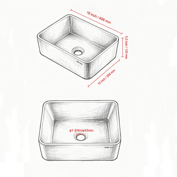 16x12英寸矩形台面容器水槽，适用于家庭、酒店、卫生间和房车的浴室盆-4
