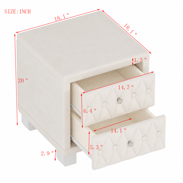 Elegant Velvet Nightstand with 2 Drawers and Crystal Handle, Storage Bedside Table with Button-Tufted, Beige(Old SKU:N733P210398A)-10