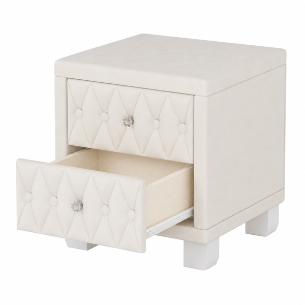 Elegant Velvet Nightstand with 2 Drawers and Crystal Handle, Storage Bedside Table with Button-Tufted, Beige(Old SKU:N733P210398A)-8