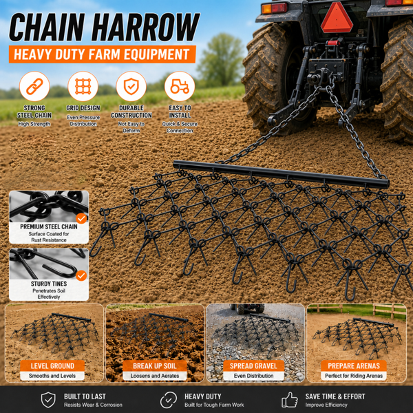 4FT Heavy-Duty Steel Drag Harrow,Field Leveling Chain Rake,Compatible with ATV UTV Compact Utility Tractors,Black Coated Durable Construction-2