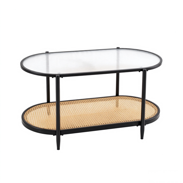 【禁售AM】黑色 椭圆形 PVC编藤 铁 长虹玻璃 双层 茶几 CTR0OBR 96*50*46cm-9