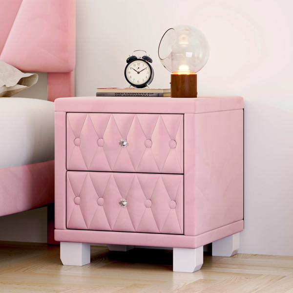 Elegant Velvet Nightstand with 2 Drawers and Crystal Handle, Storage Bedside Table with Button-Tufted, Pink(Old SKU:N733P210398H)-4