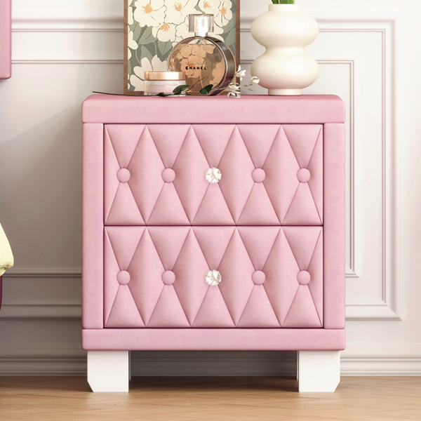 Elegant Velvet Nightstand with 2 Drawers and Crystal Handle, Storage Bedside Table with Button-Tufted, Pink(Old SKU:N733P210398H)-3
