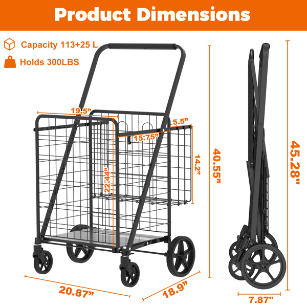 Extra Large Shopping Cart,Grocery Cart on Wheels, Foldable Utility Shopping Carts with Double Basket and 360° Rolling Swivel Wheels for Groceries Laundry-2