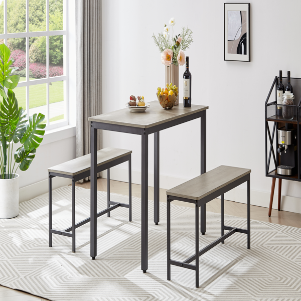 Dining Table Set, Bar Table with 2 Dining Benches, Kitchen Table Counter with Chairs, Industrial for Kitchen Breakfast Table, Living Room, Party Room, Grey and Black,43.3″L x 23.6″W x 29.9″H-3