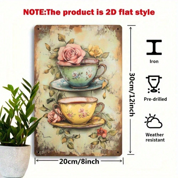 CIFbuy 复古金属墙面装饰——8×12英寸铁质花卉茶杯招牌，二维平面非立体浪漫玫瑰艺术，乡村田园风墙面装饰，适用于（TikTok, temu 自提物流）-6