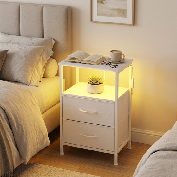 现代床头柜，带充电口 + APP 可控 LED 灯，双抽屉床边柜，白色-4