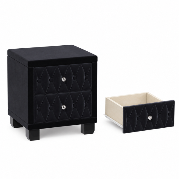 Elegant Velvet Nightstand with 2 Drawers and Crystal Handle, Storage Bedside Table with Button-Tufted, Black(Old SKU:N733P210398B)-7