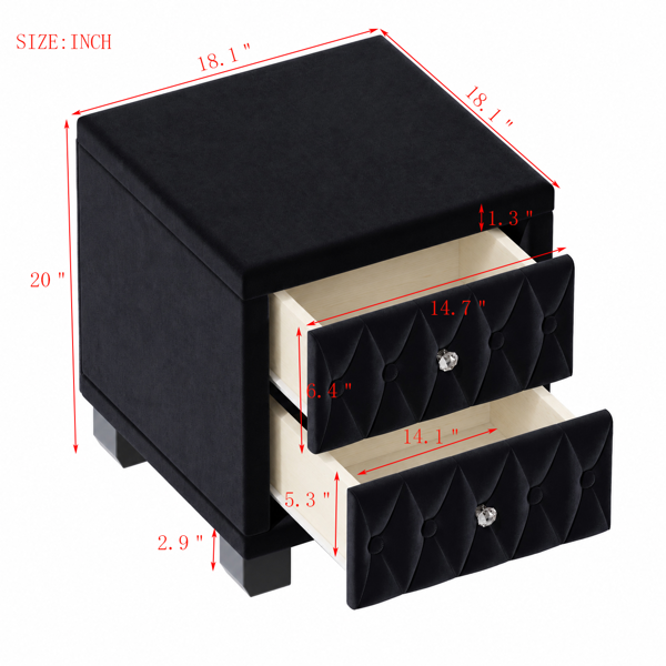 Elegant Velvet Nightstand with 2 Drawers and Crystal Handle, Storage Bedside Table with Button-Tufted, Black(Old SKU:N733P210398B)-10