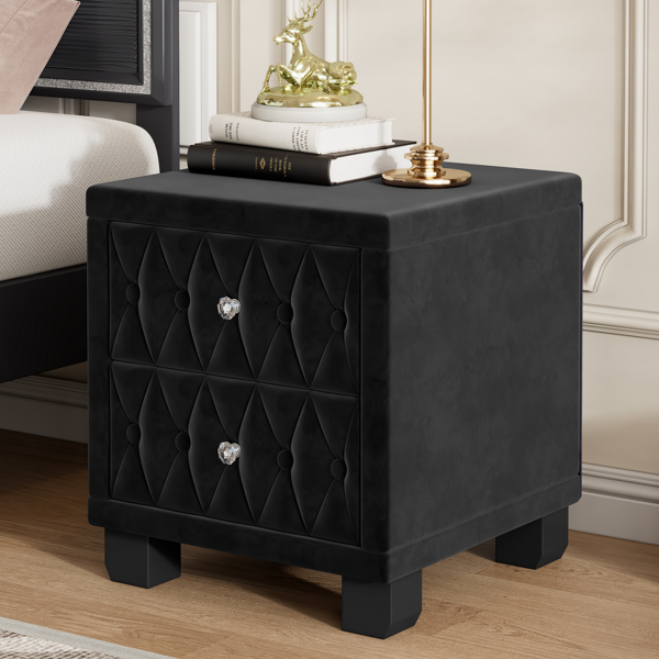 Elegant Velvet Nightstand with 2 Drawers and Crystal Handle, Storage Bedside Table with Button-Tufted, Black(Old SKU:N733P210398B)-1