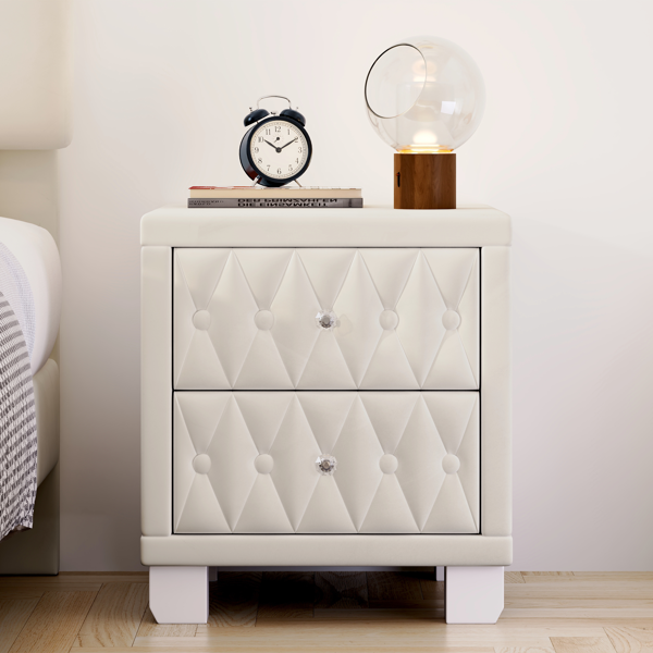 Elegant Velvet Nightstand with 2 Drawers and Crystal Handle, Storage Bedside Table with Button-Tufted, Beige(Old SKU:N733P210398A)-5