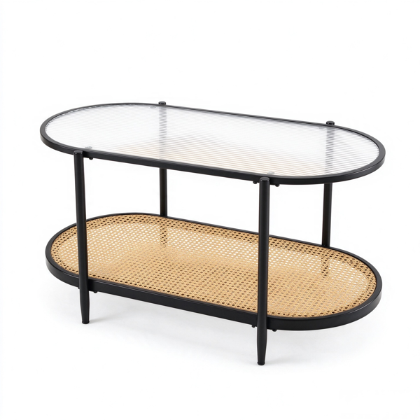 【禁售AM】黑色 椭圆形 PVC编藤 铁 长虹玻璃 双层 茶几 CTR0OBR 96*50*46cm-10