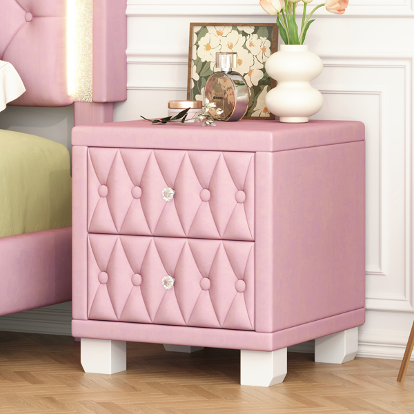 Elegant Velvet Nightstand with 2 Drawers and Crystal Handle, Storage Bedside Table with Button-Tufted, Pink(Old SKU:N733P210398H)-1