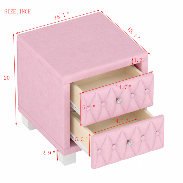 Elegant Velvet Nightstand with 2 Drawers and Crystal Handle, Storage Bedside Table with Button-Tufted, Pink(Old SKU:N733P210398H)-10