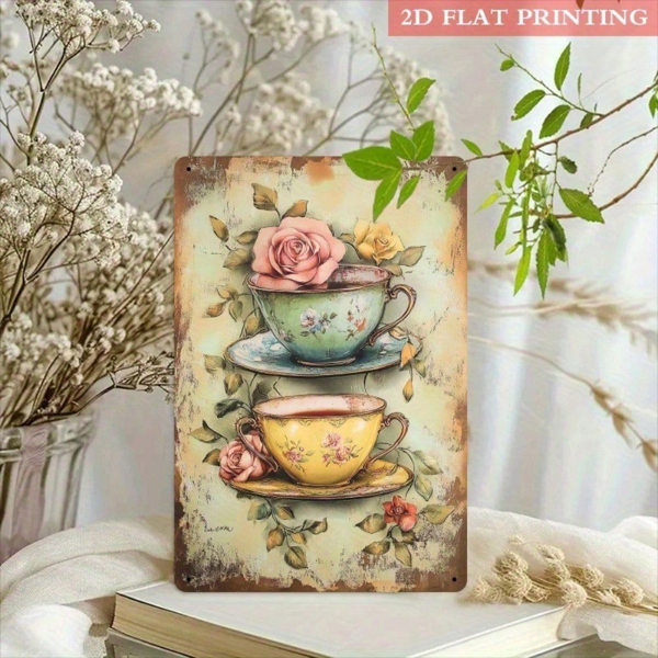 CIFbuy 复古金属墙面装饰——8×12英寸铁质花卉茶杯招牌，二维平面非立体浪漫玫瑰艺术，乡村田园风墙面装饰，适用于（TikTok, temu 自提物流）-3