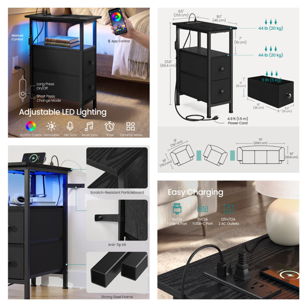 黑色窄款边几，带充电基站、USB 接口与 LED 氛围灯-2