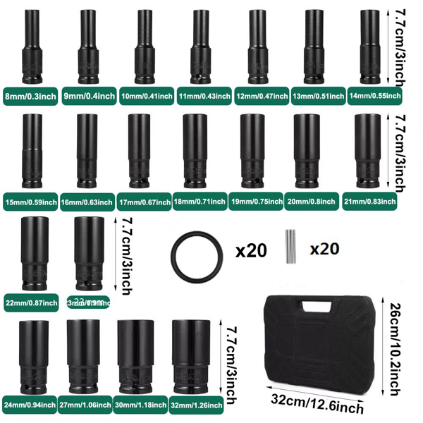 20pcs冲击套筒工具套装1/2英寸公制-14