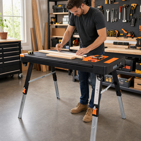 8-in-1 Multifunctional Folding Work Table with US Standard Socket, Portable Heavy Duty Workbench with Wheels for Garage Workshop Home Use-20