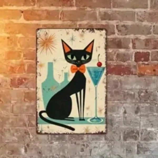 CIFbuy 复古黑猫马提尼金属招牌——做旧做旧做旧的锡板墙面装饰，8×12英寸，适用于家庭酒吧、咖啡馆、酒馆的艺术装饰（TikTok, temu 自提物流）-1