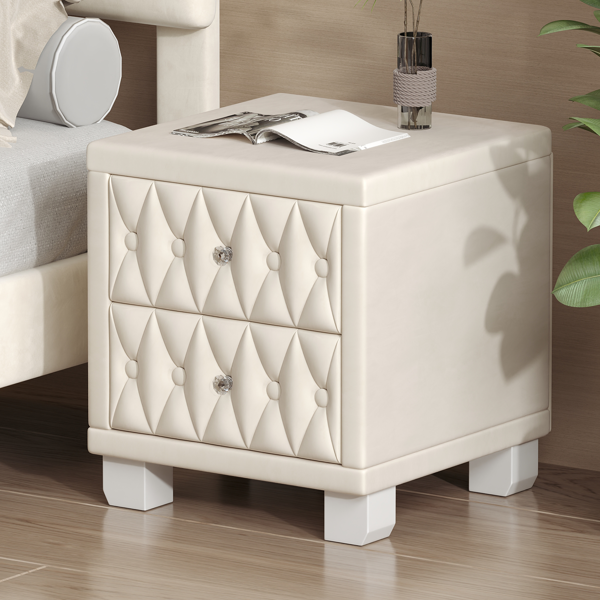 Elegant Velvet Nightstand with 2 Drawers and Crystal Handle, Storage Bedside Table with Button-Tufted, Beige(Old SKU:N733P210398A)-1