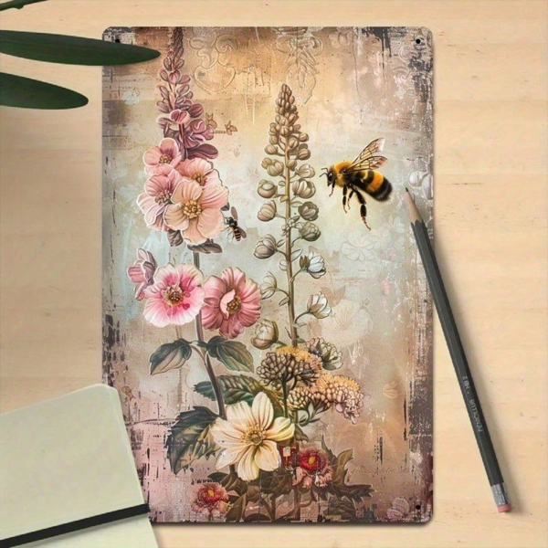 CIFbuy 复古蜜蜂与花卉铁皮招牌 8x12英寸，乡村风金属墙面装饰，适用于厨房、复古农舍风格挂板，适合家用酒吧或咖啡馆（TikTok, temu 自提物流）-4