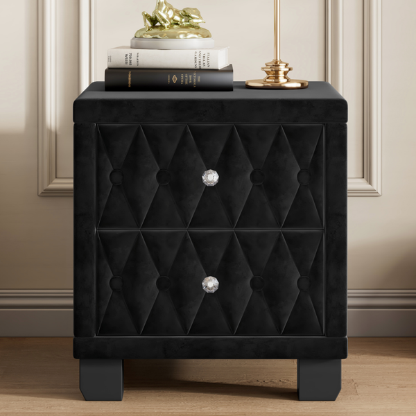 Elegant Velvet Nightstand with 2 Drawers and Crystal Handle, Storage Bedside Table with Button-Tufted, Black(Old SKU:N733P210398B)-3