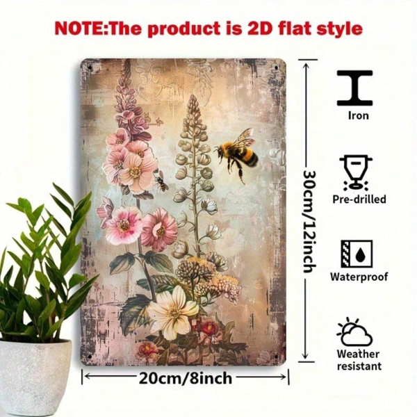 CIFbuy 复古蜜蜂与花卉铁皮招牌 8x12英寸，乡村风金属墙面装饰，适用于厨房、复古农舍风格挂板，适合家用酒吧或咖啡馆（TikTok, temu 自提物流）-3