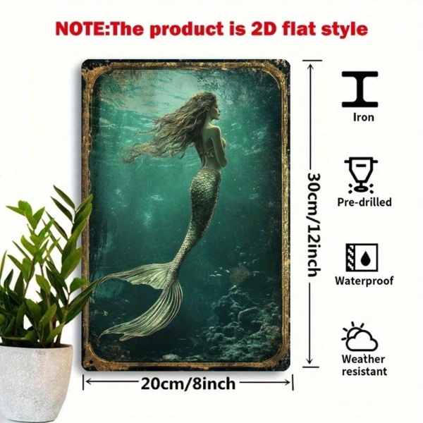 CIFbuy 复古美人鱼金属装饰牌 8x12英寸，复古海滩航海风铁皮墙饰，乡村海滨风格家居、酒吧、咖啡馆、车库装饰（TikTok, temu 自提物流）-3
