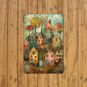 CIFbuy 异想天开村庄金属铁皮招牌 20x30厘米 乡村风铁质铭牌 室内外家居酒吧咖啡馆花园墙面装饰（TikTok, temu 自提物流）