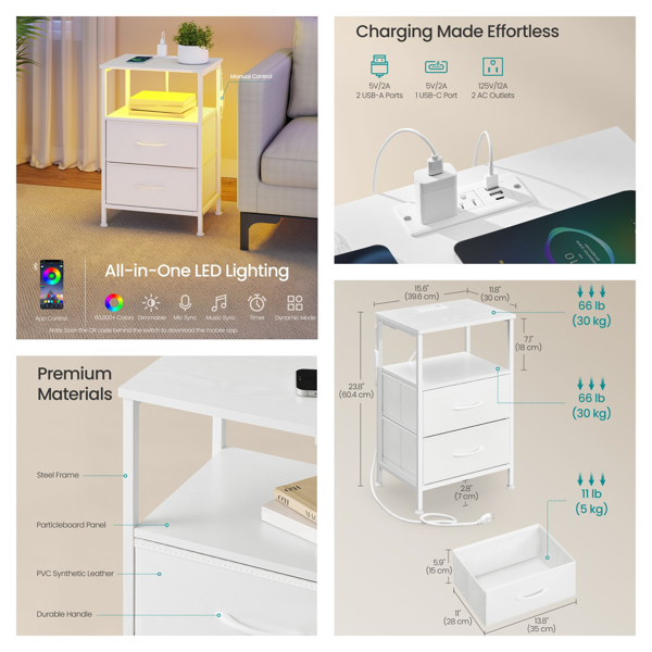 现代床头柜，带充电口 + APP 可控 LED 灯，双抽屉床边柜，白色-2