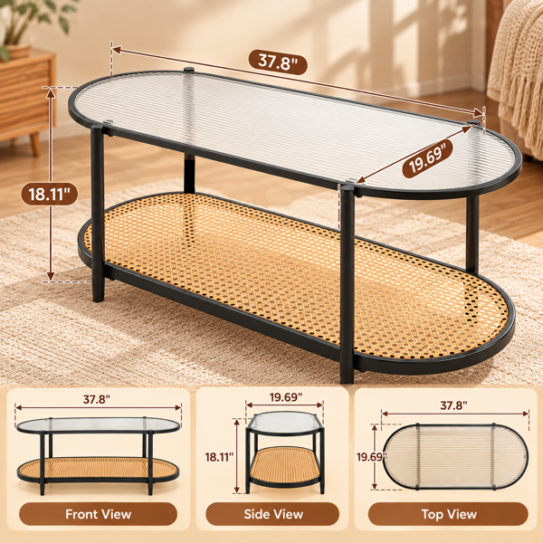 【禁售AM】黑色 椭圆形 PVC编藤 铁 长虹玻璃 双层 茶几 CTR0OBR 96*50*46cm-2