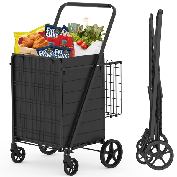 Extra Large Shopping Cart,Grocery Cart on Wheels, Foldable Utility Shopping Carts with Double Basket and 360° Rolling Swivel Wheels for Groceries Laundry-1