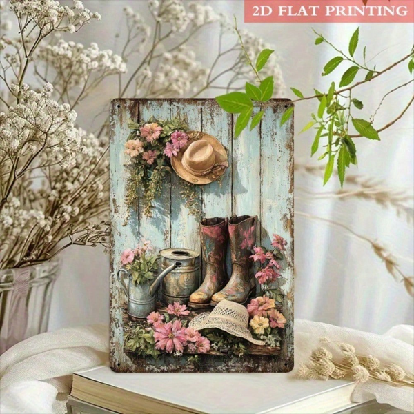 CIFbuy 乡村风格农舍金属壁饰 8x12英寸——复古二维平面花卉、靴子、帽子图案带浇水壶的装饰牌，家居铁艺装饰（TikTok, temu 自提物流）-7