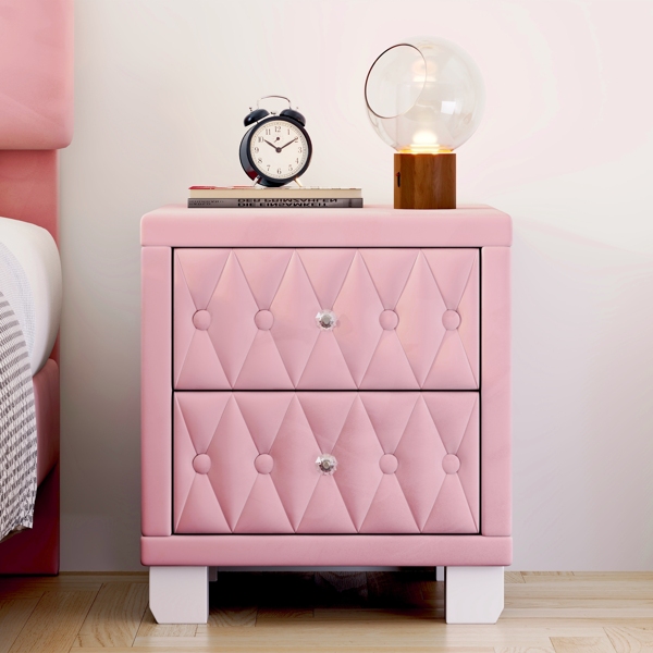 Elegant Velvet Nightstand with 2 Drawers and Crystal Handle, Storage Bedside Table with Button-Tufted, Pink(Old SKU:N733P210398H)-5