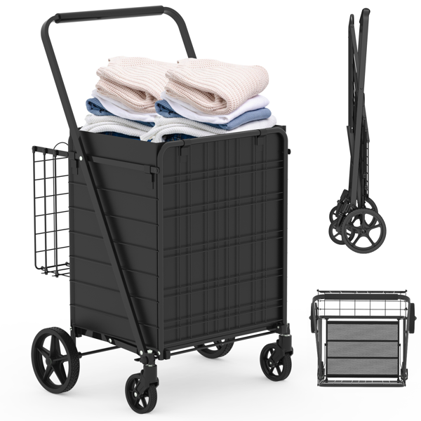 Extra Large Shopping Cart,Grocery Cart on Wheels, Foldable Utility Shopping Carts with Double Basket and 360° Rolling Swivel Wheels for Groceries Laundry-3