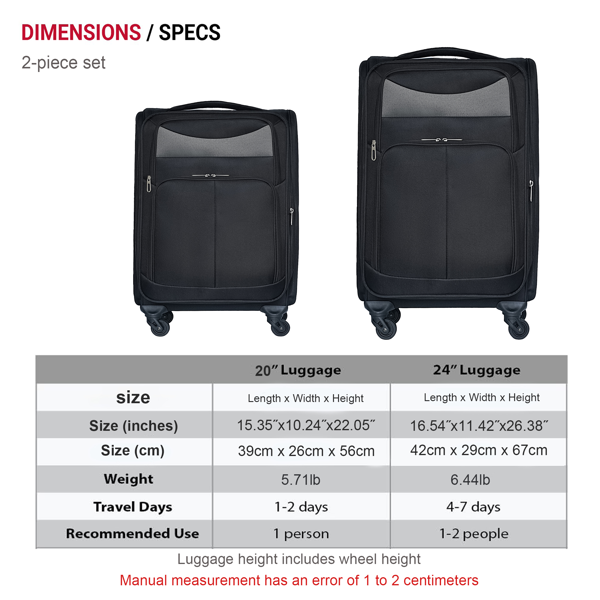 (20+24) Two-piece suitcase suitcase set Oxford trolley case without password lock universal wheel BLACK-2