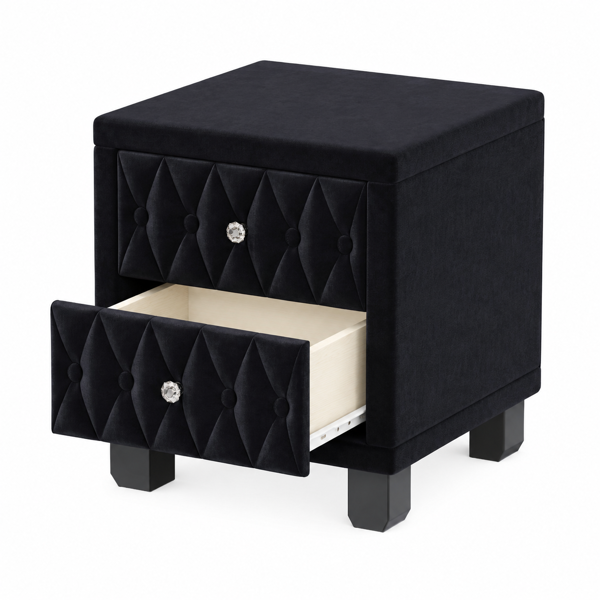 Elegant Velvet Nightstand with 2 Drawers and Crystal Handle, Storage Bedside Table with Button-Tufted, Black(Old SKU:N733P210398B)-8