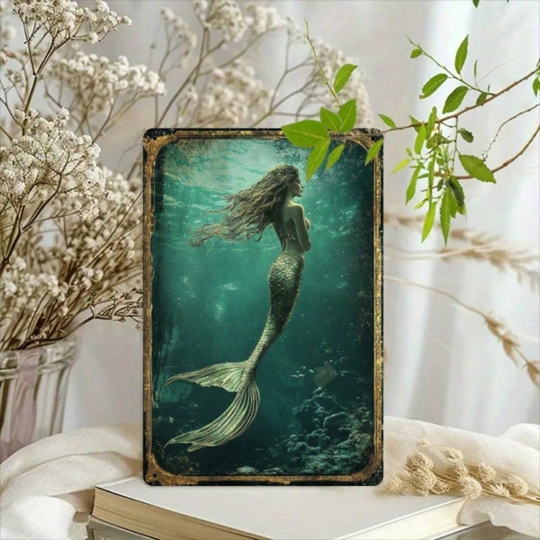 CIFbuy 复古美人鱼金属装饰牌 8x12英寸，复古海滩航海风铁皮墙饰，乡村海滨风格家居、酒吧、咖啡馆、车库装饰（TikTok, temu 自提物流）-7
