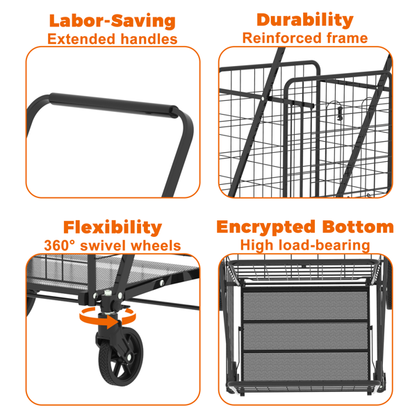 Extra Large Shopping Cart,Grocery Cart on Wheels, Foldable Utility Shopping Carts with Double Basket and 360° Rolling Swivel Wheels for Groceries Laundry-4